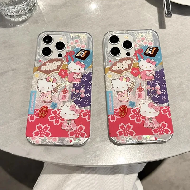 Japonský kimono Hello Kitty Sakura Cartoon Telefón puzdro pre iPhone 16 15 14 13 12 11 Pro Max xr xs max 7 8 plus mini y2k kryt