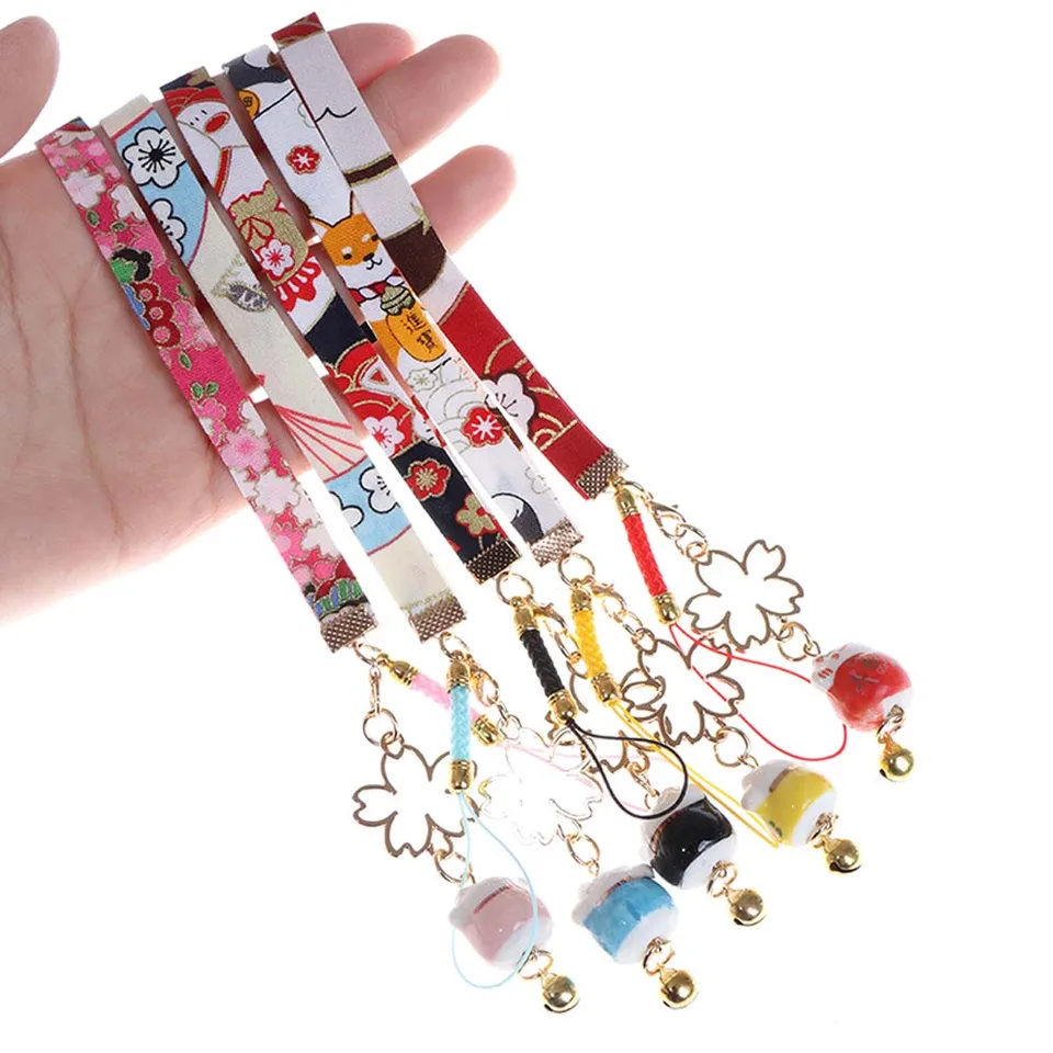 Japonský kvetinový vzor keramika bohatstvo mačací kľúče zvonček prívesok mobilný telefón Lanyard anti-lost key ring girls girlle darčeky