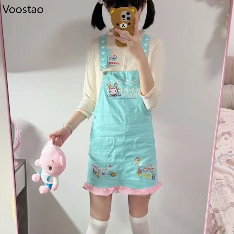 Japonský lolita štýl remienok šaty Ženy Kawaii Cartoon Bunny Vyšívacie rufles Party Mini šaty ženské sladké šaty Y2K princezná