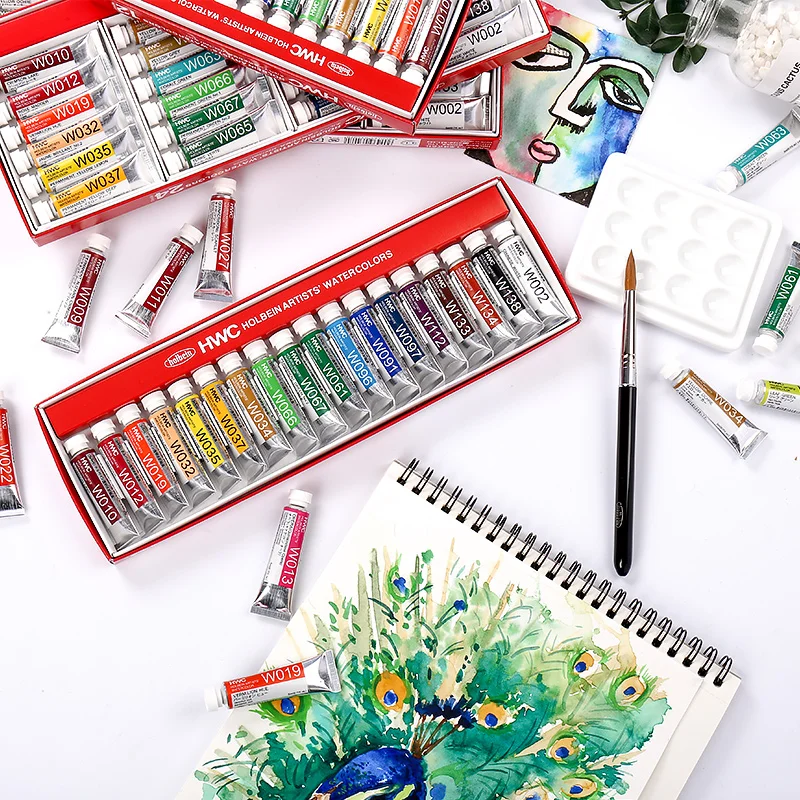 Japonský pôvodný umelec Holbein Transparent Watercolor Paint Set 12/18/24/30/48/60/108 Color Professional Acuarela Tube 5ML