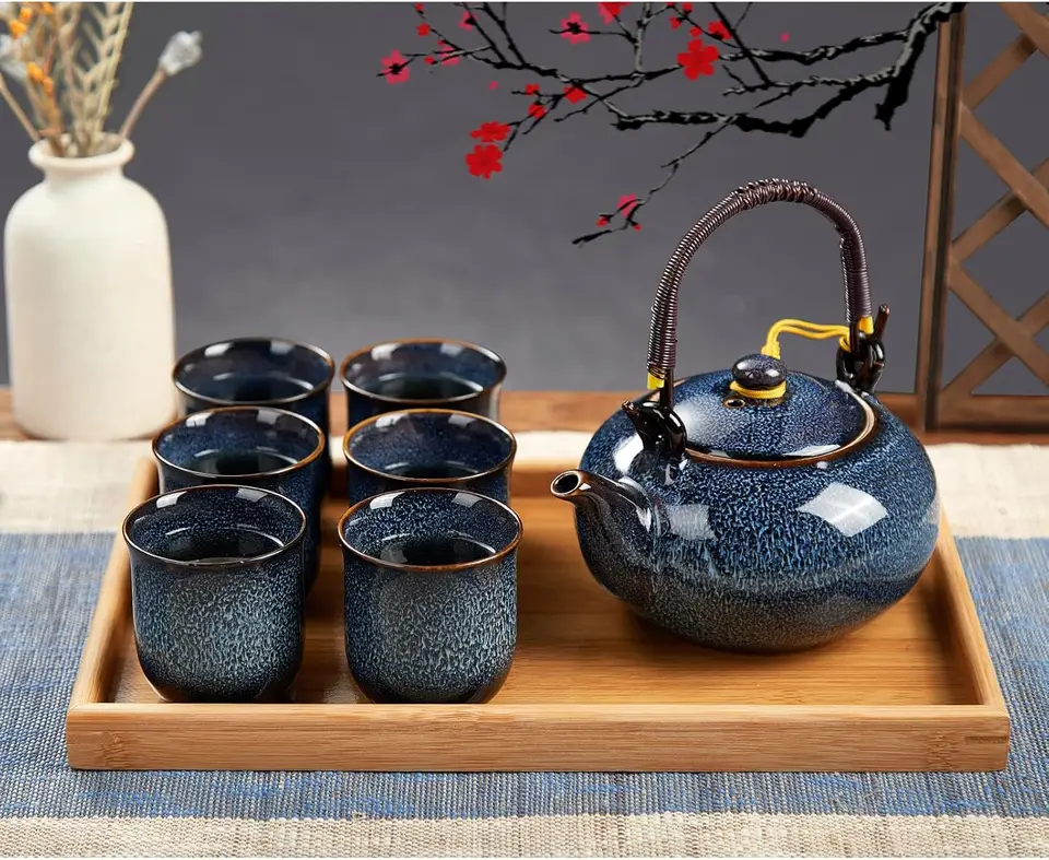 Japonský čaj Set pre 6, pec zmenenú glazúrovú porcelánovú čajovú súpravu s 1 čajovňou, 6 čajovými šálkami a 1 čajový podnos, jedinečná čínska čajová súprava