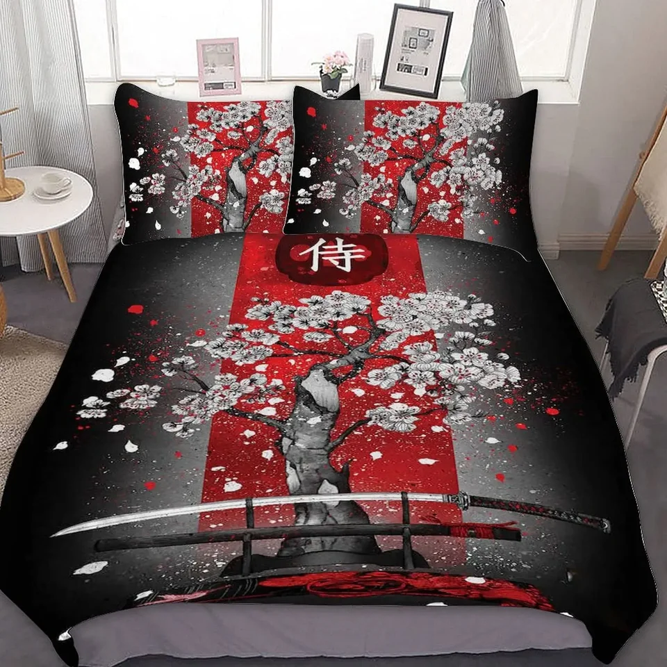 Japonský čierny biely atrament štýl samurajský meč Red Sakura 3D Duvet Cover Set Queen Veľkosť Bushido Culture Bedding Set Set