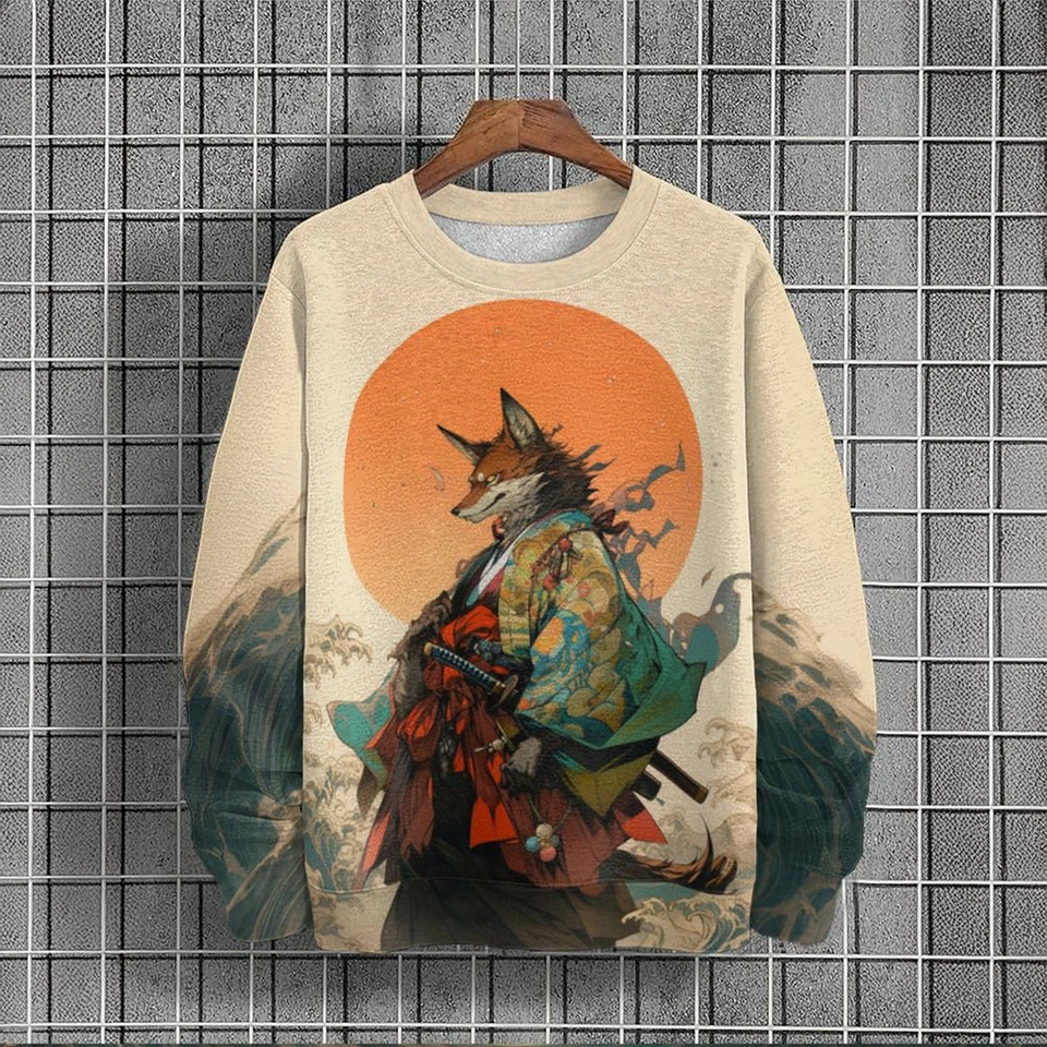 Japonský štýl dlhý rukáv pre mužov samuraj mačka grafické zvieratá Printclothes Príležitostné tričká O-krh