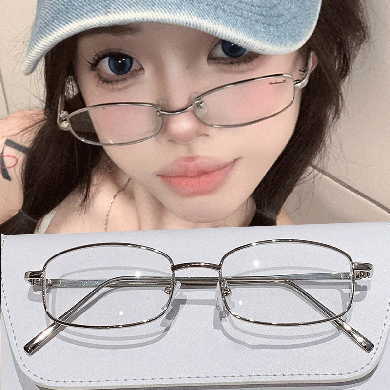 Japonský štýl Harajuku Square Gume Rám pre ženy bez make-up módy y2k kovové anti-modré okuliare Men retro čítanie okuliare