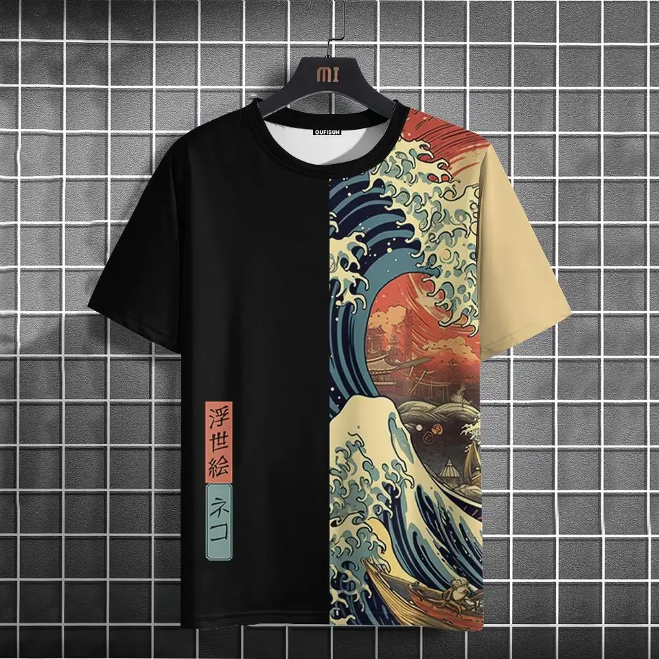 Japonský štýl pánske tričko Ukiyo-e morské vlnové vzory Tričká Tričká Príležitostné voľné voľné rukávy TEE Nadmerné mužské odevy