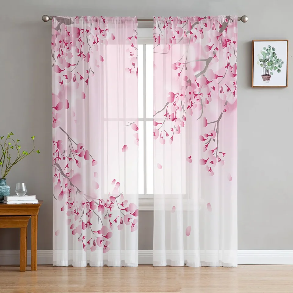 Japonský štýl Sakura Cherry Blossom Pink Flower Tulle Curtains Obývacia izba Kuchy