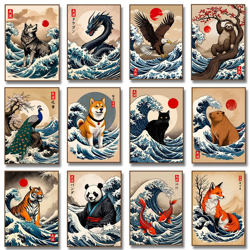 Japonský štýl skvelá vlna Sakura zviera panda mačka lev tiger drak Caphybara koňa sushi plagát plátno maľba maľba domáci dekor