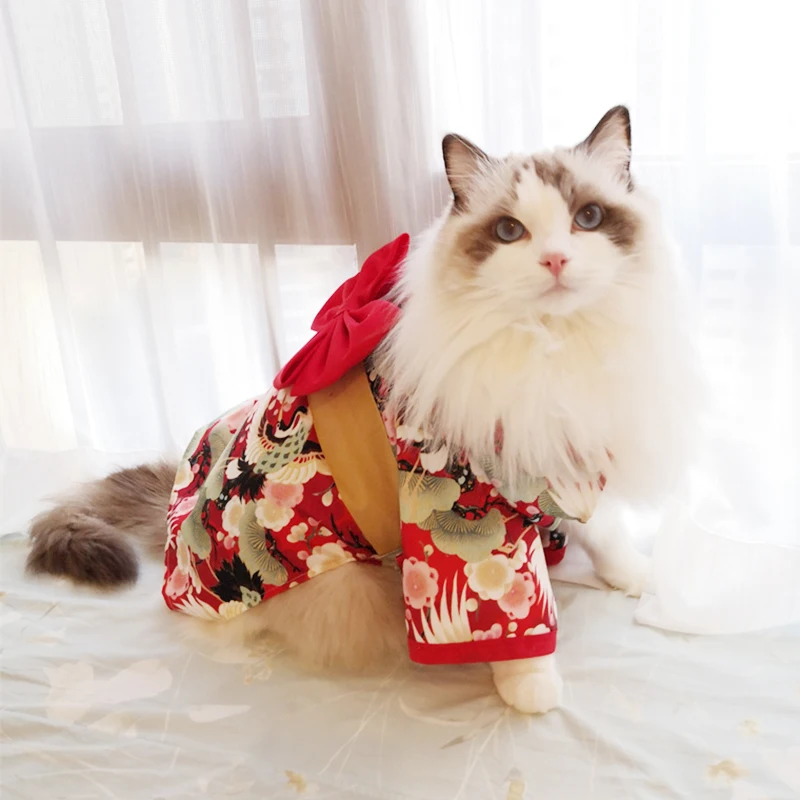 Japonský štýl tenký mačací kabát Kimono letné domáce zvieratá oblečenie pre mačky Psie roztomilé tlač s mačkou mačiatko
