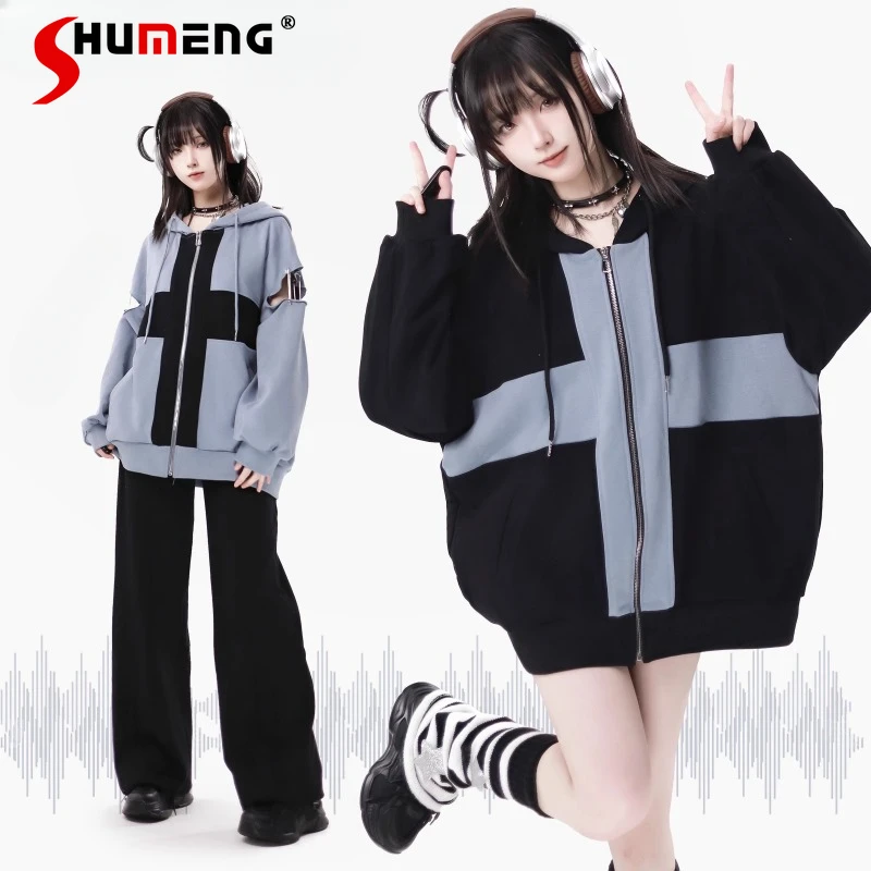 Japonský štýl voľný krížový zips kabát kabát voľný denne nosenie s dlhým rukávom Príležitostné mikiny sudadera y2k kawaii oblečenie pre ženy