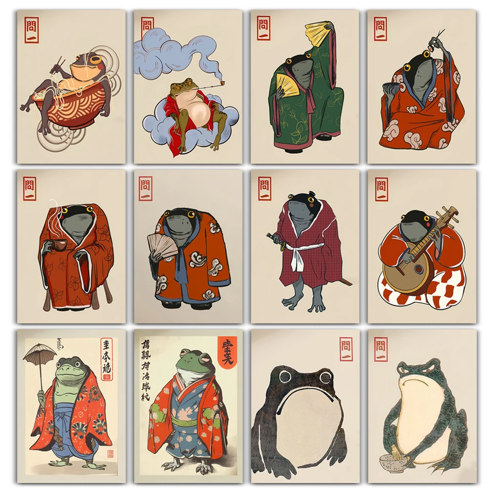 Japonský žaba plagát Funny žaby estetické výtlačky zvierat Room Home Club Halway dekor maľba nástenné maľba Matsumoto Hoji Artwork