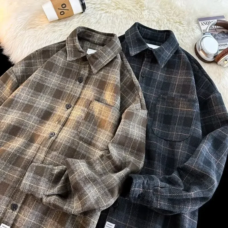 Jar a jeseň nová vlnená kockovaná košeľa pánske pánske s dlhým rukávom High End Coat Rascal Pekné tričko