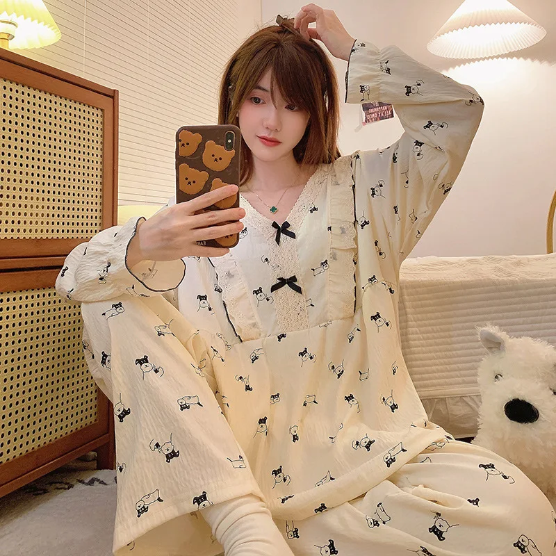 Jar a jeseň Nové dámske japonské pyžamy Homewear Set Dievčatá Študenti Cloud Cloud Cotton Long-rukávy plus veľkosti Pyžamy Domovské oblečenie
