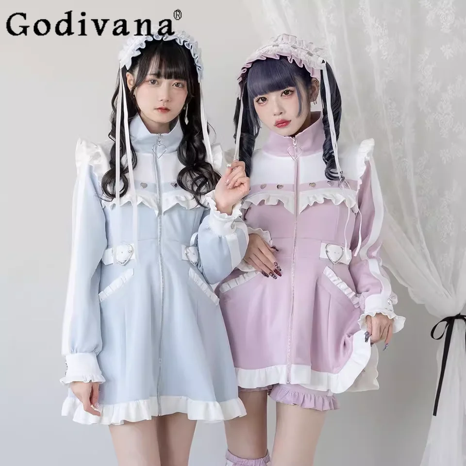 Jar a jeseň Nové japonské sladké sladké roztomilé míne zips svetovú bundu dámske voľné ťažký priemysel Základy strednej dĺžky Outercoat