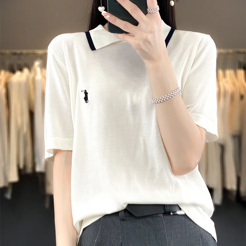 Jar a leto nové dámske rukávy s krátkym rukávom, výšivka výšivky polo High -end Tence Lastweight Soft Fashion Pullover Top