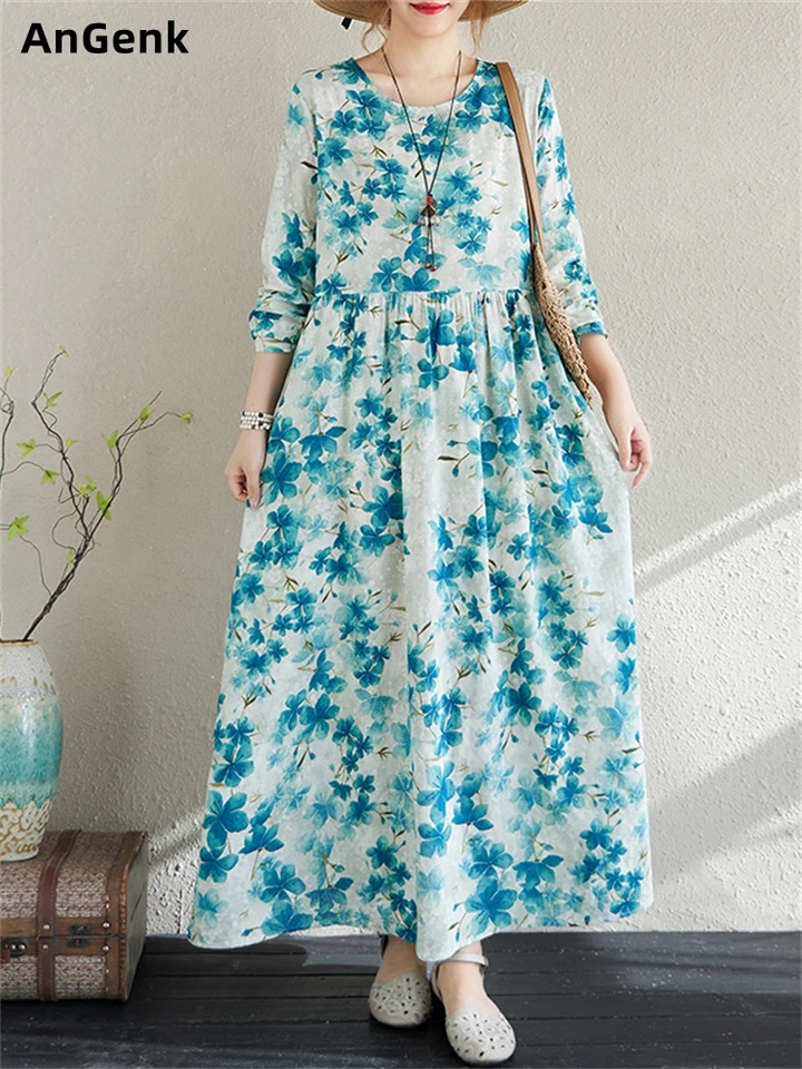 Jar jesenná bavlna vintage modré šaty pre ženy tlačiť kvetinové príležitostné voľné šaty s dlhým rukávom femme vestidos elegantné oblečenie