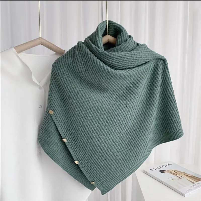Jar jesenné viacúčelové gombíkové šatky Ženy pletené šál vymeniteľné napodobňovanie kašmíru plášť Poncho Capes Green