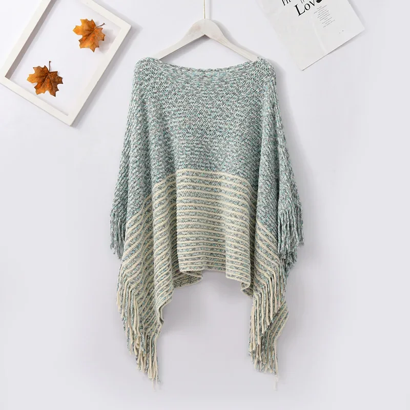 Jar jeseň jedna línia golier ženský pullover cloak móda split Lady Tassel Shawl Warm Scarf Cloak Poncho Capes Green