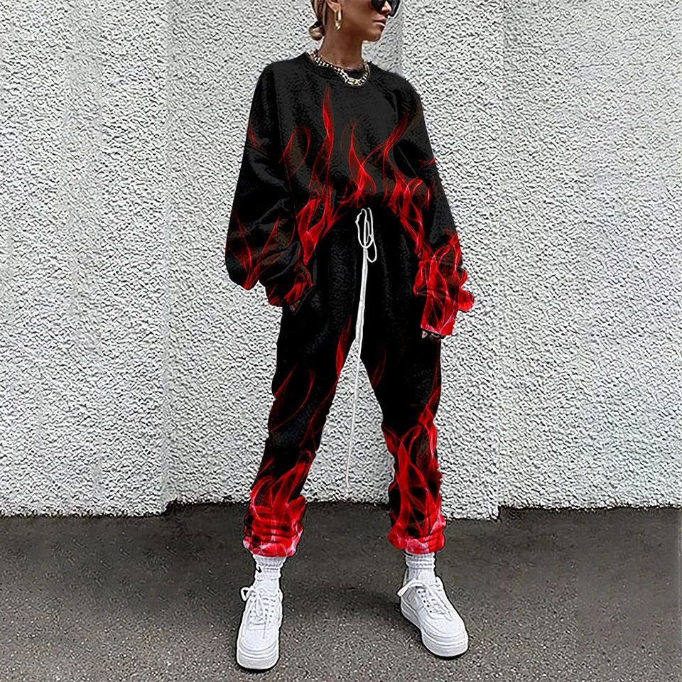 Jar neformálny červený požiarny výtlačok pullover mikina mikiny dámske stopy po športových nohaviciach oblečenie harajuku oblečenie