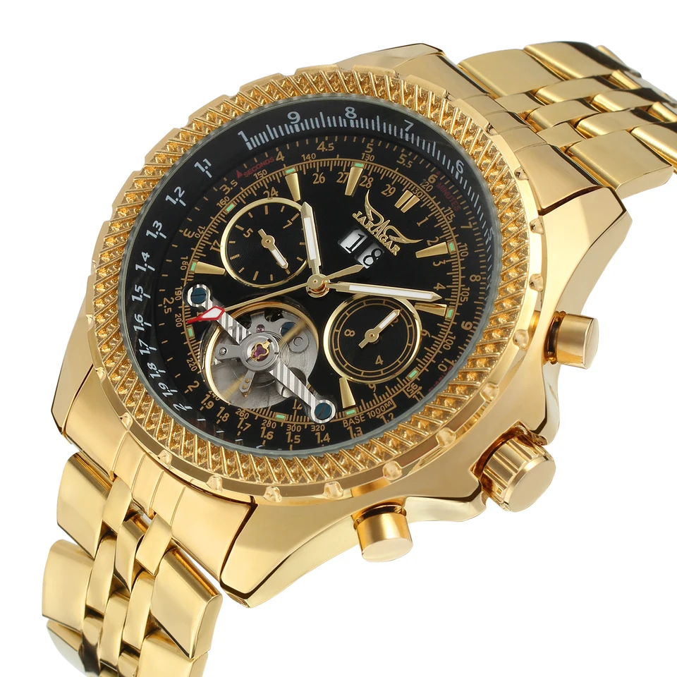 Jaragar Top Brand Auto Men hodinky Tourbillon 2 malé pracovné subd-sub-dials Full Steel Golden Luxury Mechanical Resrainswatches pre človeka