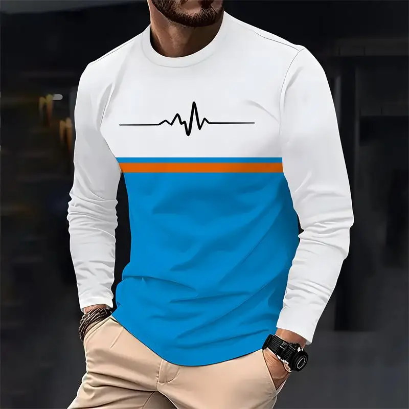 Jarná a jesenná farba muži Príležitostné s dlhým rukávom Módny okrúhly krk voľné tričko Tričko Top Outdoor Pohodlné top pánske oblečenie