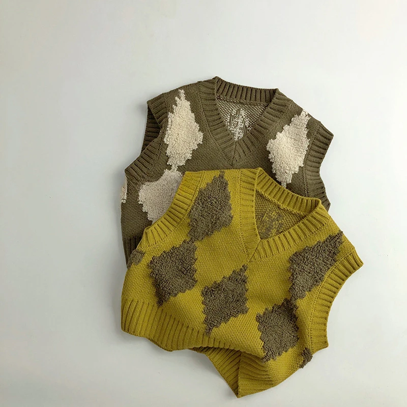 Jarná jeseň deti unisex vyšívané diamantové pletené vesty dievčatá v krku bez rukávov Sweár chlapci vintage topy
