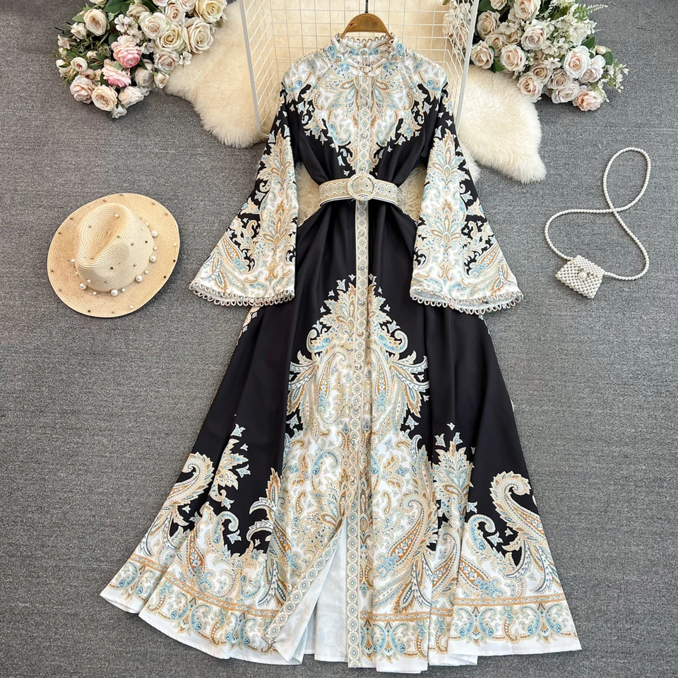 Jarná jeseň Elegantná námornícka modrá dámske dlhé šaty tlačené boho ženské večerné večierky plesové šaty s dlhým rukávom luxusné vesty