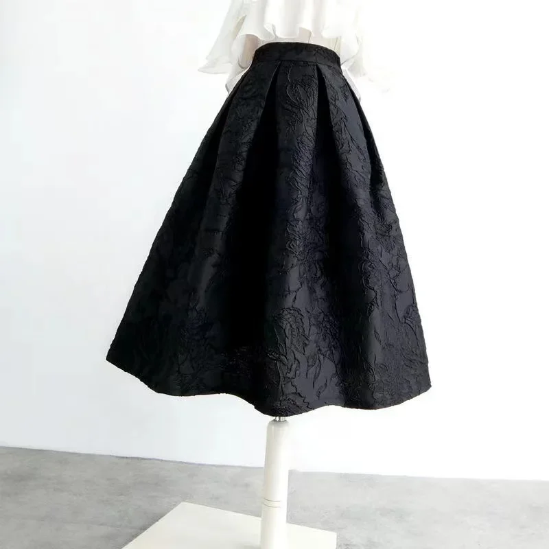 Jarná jeseň Hepburn Black Flower Vintage Elegantné sukne Dámske faldas estetické jacquard s vysokým pásom s vysokým pásom s dlhou skladanou sukňou C152
