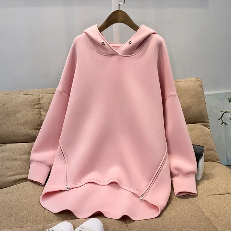 Jarná jeseň Kórejská módna bavlna s dlhým rukávom nadmerne nadmerne s kapucňou Mikina neformálne čierne zelené streetwear pullver kapucňa top