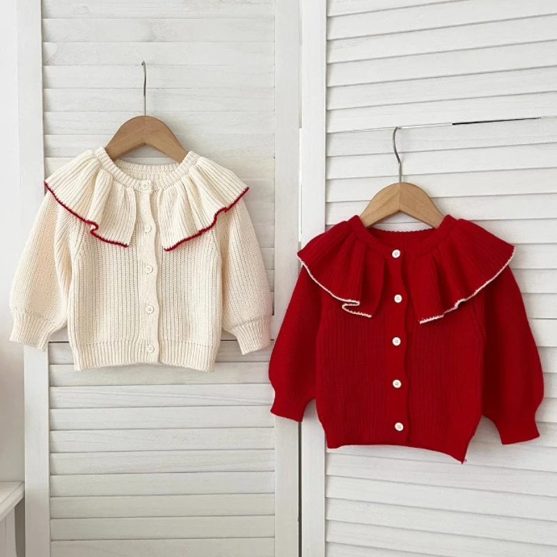 Jarná jeseň Kórejský štýl batoľa dievčat Sweater Sweater Coat s dlhým rukávom Solid novorodence dievčatká veľký golier pletací vesel