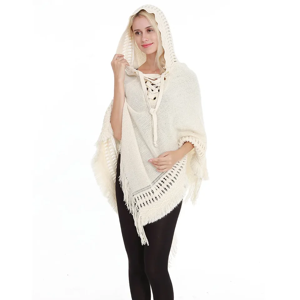Jarná jeseň Nové ženy Zimné pletené s kapucňou Poncho Cape Crochet Fringed Tassel Shawl Wrap Wrap Sweater