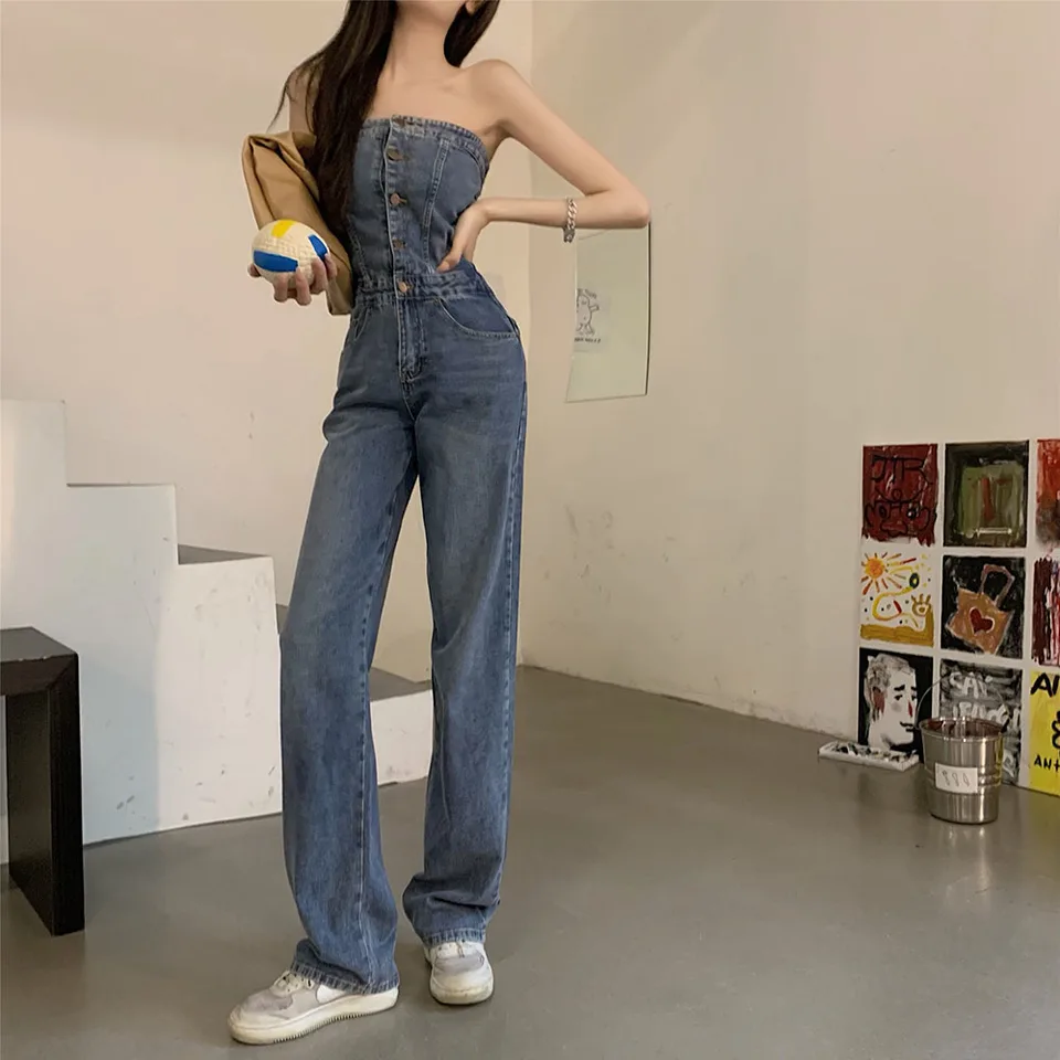 Jarná jeseň Nový temperament sexy bez rukávov Denim Denim Denim širokopásmové kombinézy Dámske módne streetwear 2022