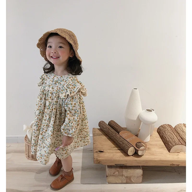 Jarná jeseň nových dievčat s dlhými rukávmi v kórejskom štýle Cotton and Linen Floral Doll Desia Detské deti GRAC