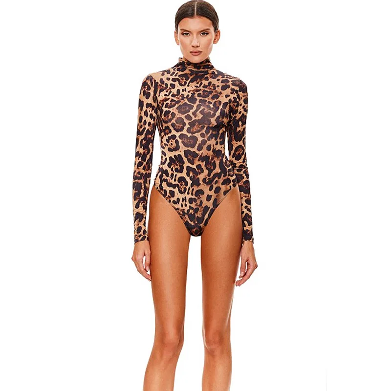 Jarná nová európska a americká pikantná dievčina Leopard Tlač s dlhým rukávom Bodysuit High Was Sexy trend kombinézy pre ženy