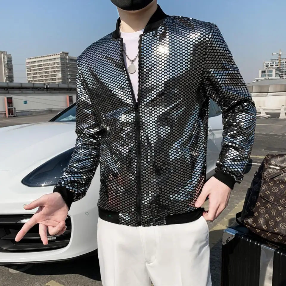 Jarná nová flitrovaná bombardová bunda Men Y2K dlhý rukáv trblietky Zips Up Thin Coat Hip Hop Night Club Stage Streetwear Veste Homme