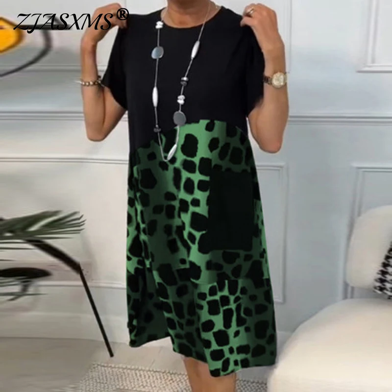 Jarná patchwork leopard tlač príležitostné dámske šaty sexy okrúhly krk na krk a-line šaty 2024 letný krátky rukáv voľný vestos