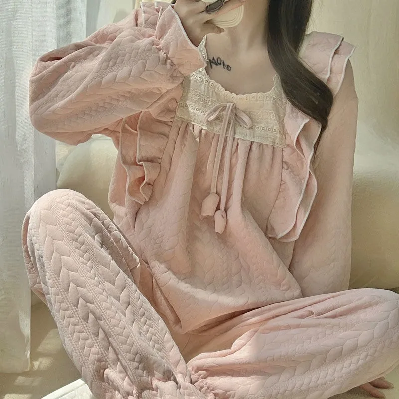 Jarná zimná zimná sladká bavlnená bavlnená prémiová pyžamá Ženy bavlnené medzivrstvy Loungewear Zhruba princezná štýl Dlhé rukávy Domáce oblečenie