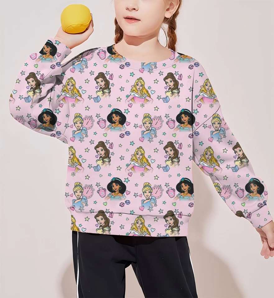Jarné a jesenné dievčatá dievčatá s dlhým rukávom okrúhly krk uvoľnený pullover Disney Series Princess Family Print Morman Patter