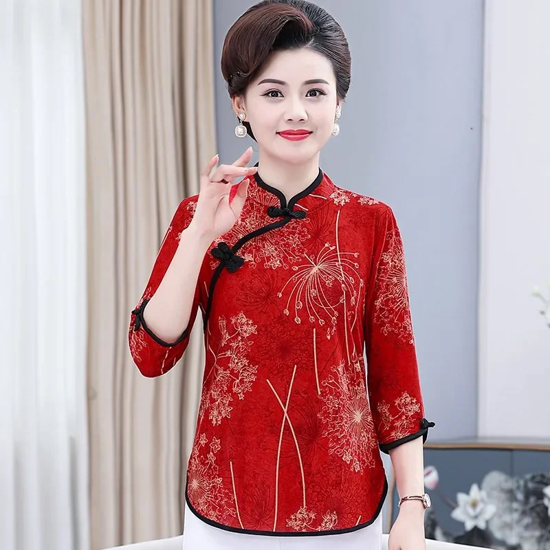 Jarné a letné tri štvrtiny rukávov Tops Women Blúzka Tradičné vinobranie čínske tlačené košele Cheongsam Zt115