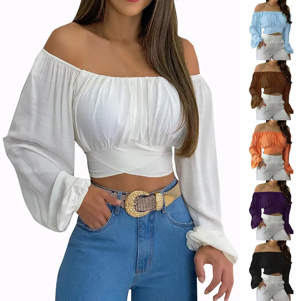 Jarné a letné ženské ženské dámske krížové ramená s dlhým rukávom Tops Traf Oficiálny obchod Blusa Mujer Moda 2024