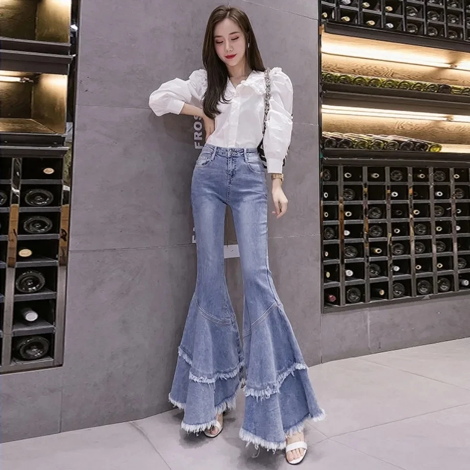 Jarné dámske džínsy Skinny Burr Denim rozšírené nohavice Vysoký pás Femme Bell Dotm Friend Friend Plus veľkosť džíns Pantolon 2022 Nový