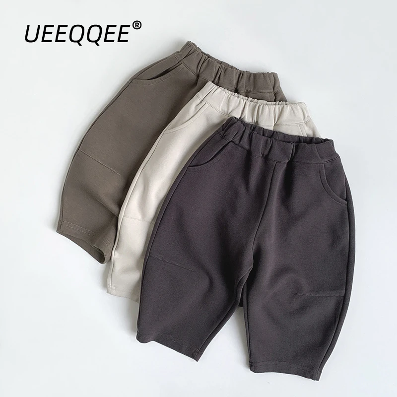 Jarné jesenné detské nohavice 1-8 rokov chlapci zostrihané voľné tepláky pevné priame nohavice Kórejské batoľa Wear pre detské oblečenie nové