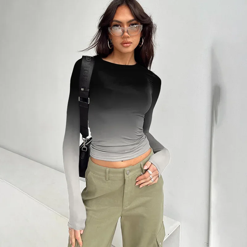 Jarné jesenné tričká s dlhým rukávom pre ženy 2023 Sexy o-krk Skinny Tops Female Casual Tee Streetwear