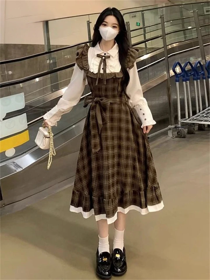 Jarné jesenné šaty falošné dvojdielne patchwork s dlhým rukávom Kleskové šaty prepravné šaty módne elegantné vintage dámske oblečenie