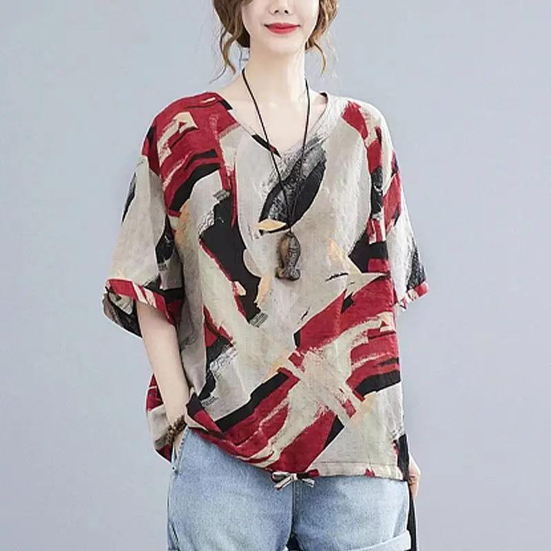 Jarné letné oblečenie V-NECK Retro 3D tlačené tričko s krátkym rukávom Summer Nové šnurovanie voľnej bavlny a ľanovej bielizne pre ženy
