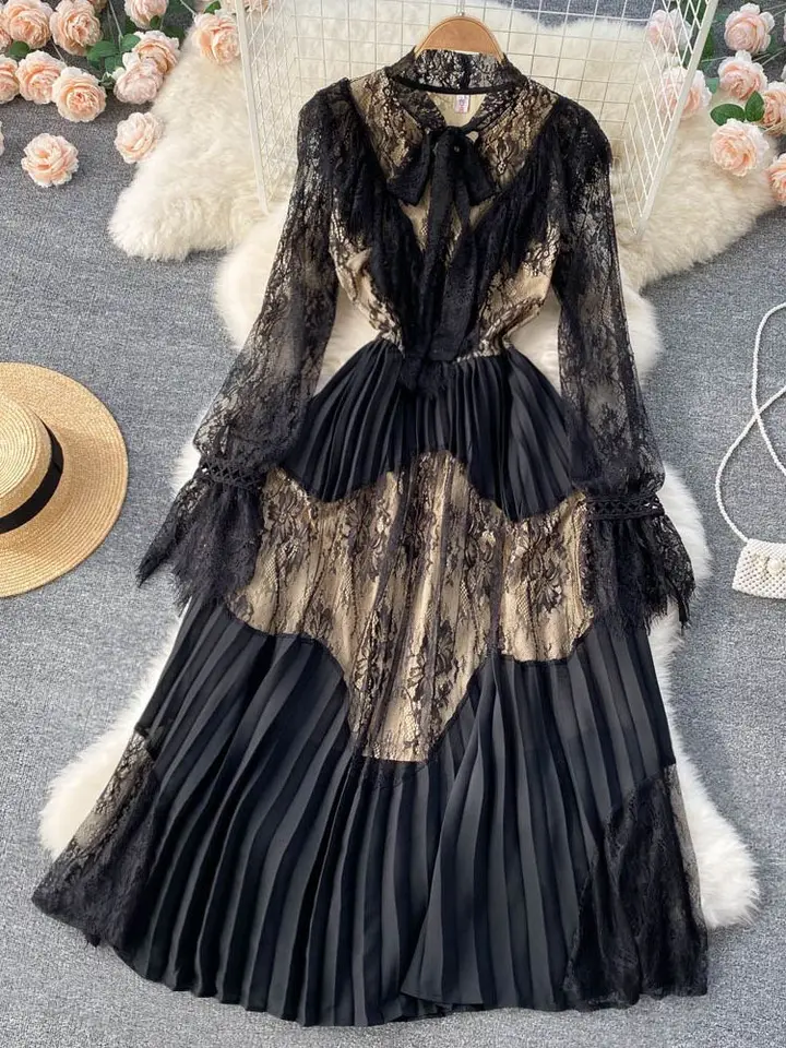 Jarné leto Elegantné sexy ženy vintage čipka s dlhým rukávom luku krku župan femme ol high pás príležitostné štíhle párty šaty