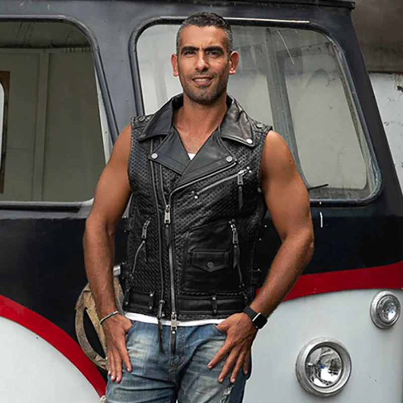 Jarné leto Motocykel nosí veľké klopne diagonálne zips Originálne kožené bundy Cowhide Vest Man Vespcoat