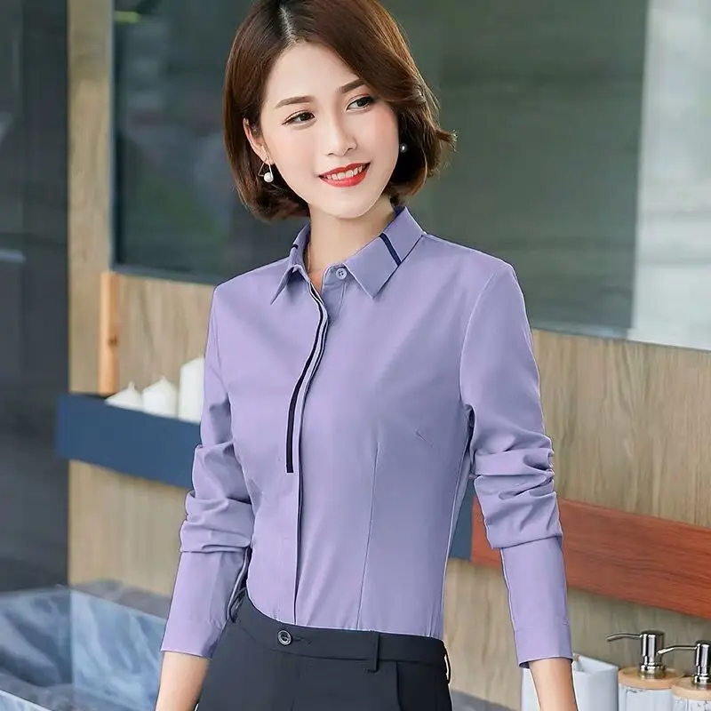 Jarné leto nová biela kancelária štíhla blúzka Polo krk s dlhým rukávom s dlhým rukávom Bowwork Solid Tops Tops Elegantné módne dámske oblečenie