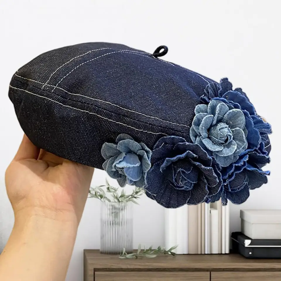 Jarné leto Ženy denim baret 3d ružový dekor maliar klobúk