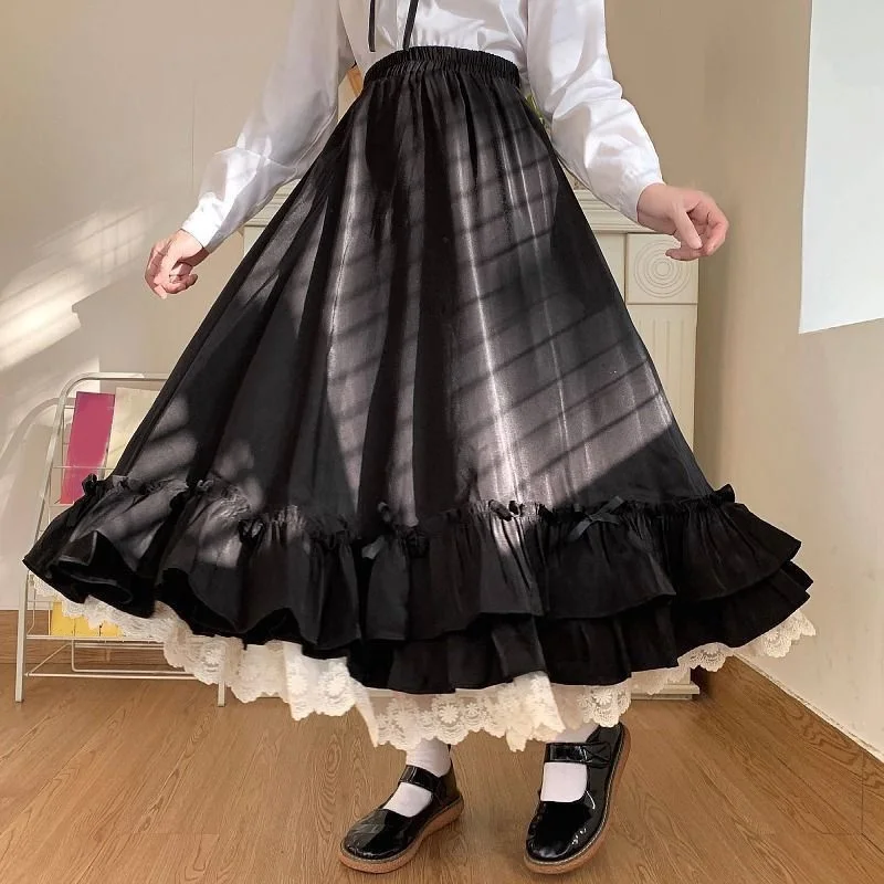 Jarné leto Ženy White Black Long Midi sukňa Preppy štýl ženský elastický pás Vysoký pás dvojvrstvový čipka