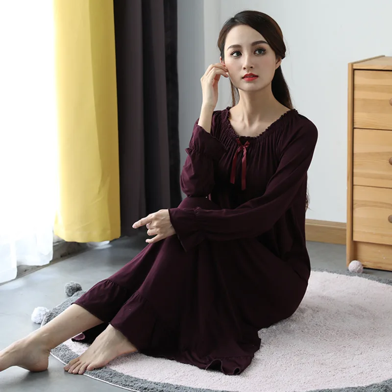 Jarné modálne nočné košele Ženy O-krk Mäkké dlhé rukávy nočná nočná nočná nočná nočná nočná dress